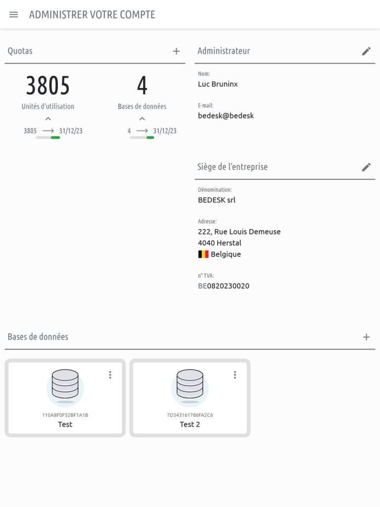 Page d'administration d'un compte Simpluse