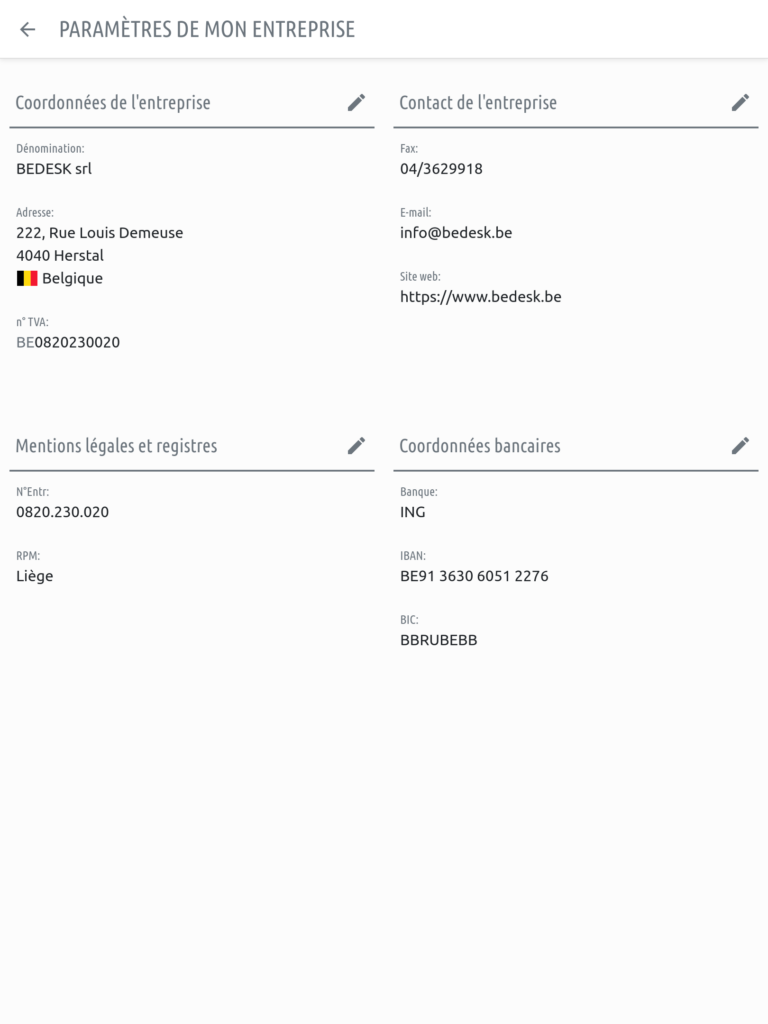Page de configuration : Paramètres de mon entreprise