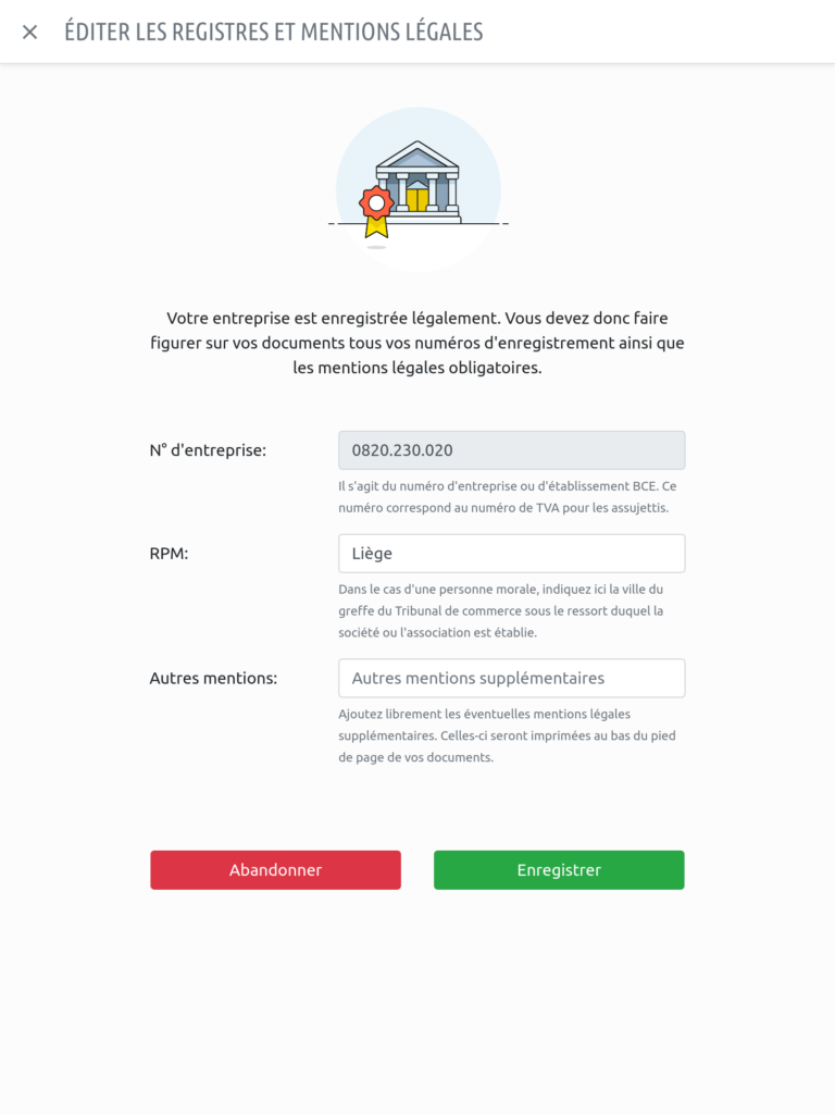 Éditer les numéros d'enregistrement ainsi que les mentions légales de votre entreprise